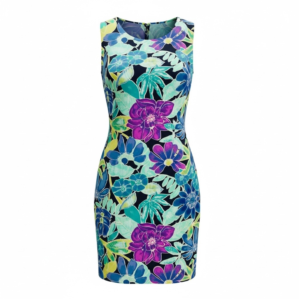 Vintage 90’s Bold Floral Sheath Dress Sz 4P Sleeveless Tropical Vacation Resort
